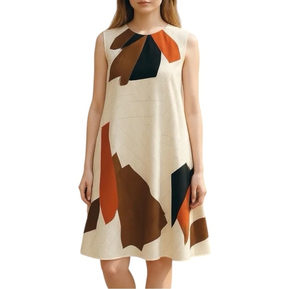 Anne Klein Dresses & Skirts - ANNE KLEIN A-Line Dress sz 6 Cream Brown Orange Geometric Cotton Sleeveless HTF!